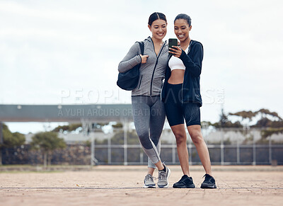 Buy stock photo Women, phone or fitness selfie after training, workout or exercise in Colombian stadium. Smile, happy or sports runners or friends on mobile 5g technology for health data analysis or wellness success