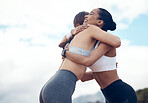 Fitness, friends and hug for sports exercise, workout and training for healthy lifestyle in nature. Happy active women hugging for sport friendship in cardio, health and wellness in the outdoors