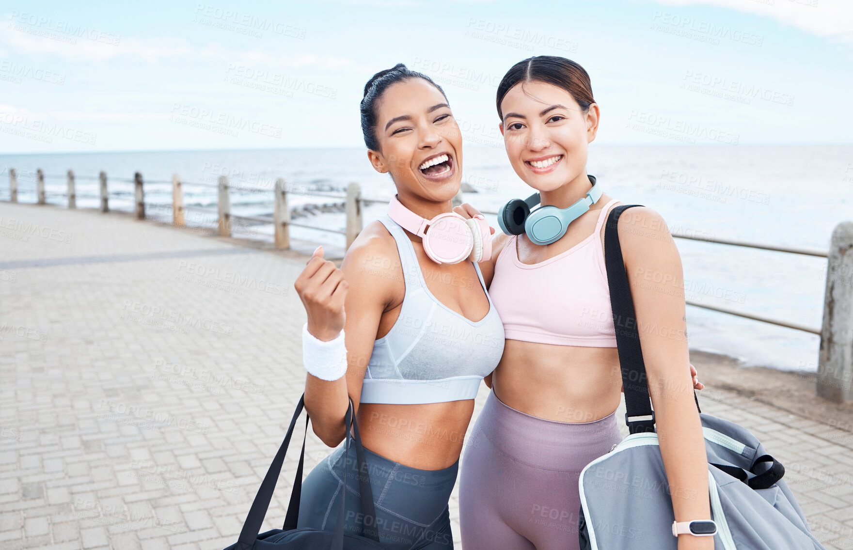 Buy stock photo Women after beach workout, portrait of friends with healthy exercise lifestyle in summer and Monaco sidewalk with sports bag. Happy young girls, body fitness by sea together and outdoor gym training