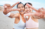 Diversity, peace sign and women being happy, wellness and training outdoor together for fitness, exercise or warm up. Female athlete, healthy girls or workout in sportswear for health, smile or relax