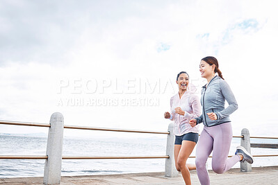 Buy stock photo Running, fitness and women friends by ocean for outdoor wellness, accountability or workout motivation on sky mock up marketing or advertising. Sports athlete people exercise for healthy lifestyle