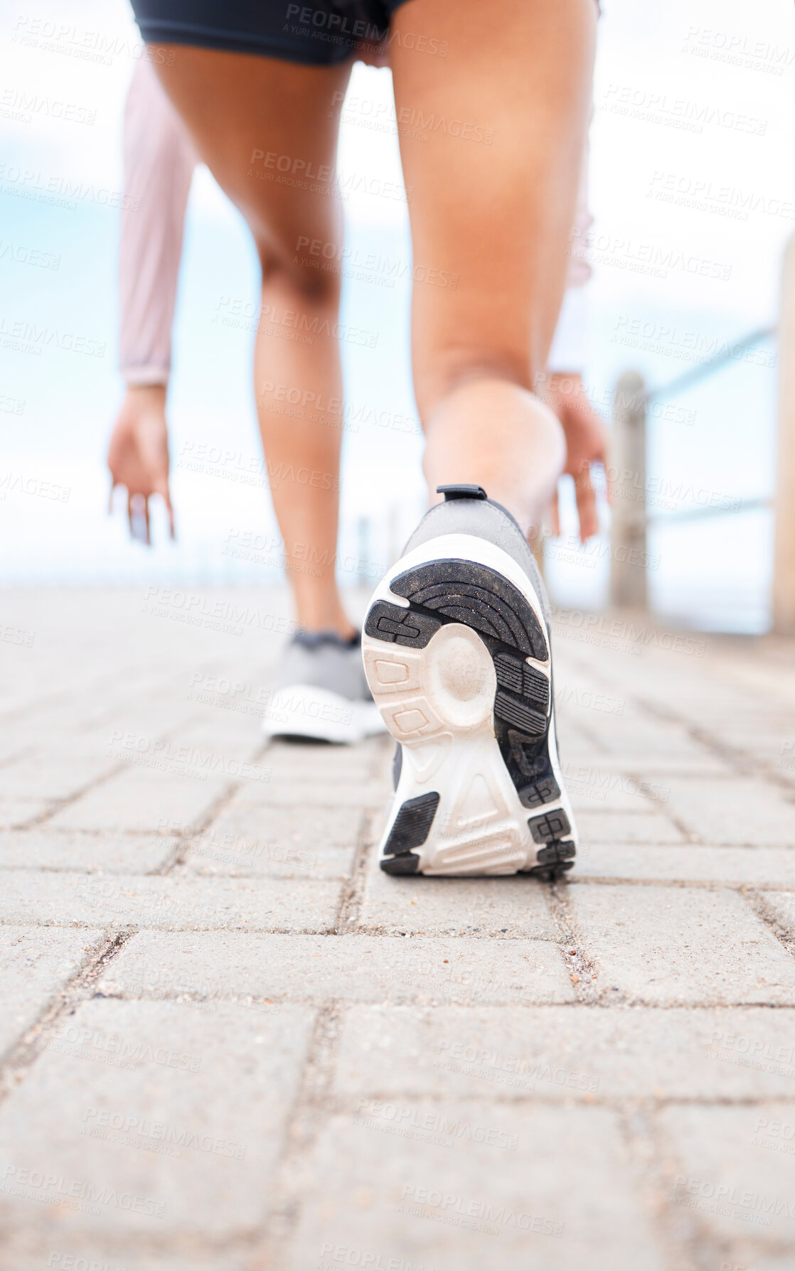 Buy stock photo Runner feet, start and woman on path about to run fast for fitness, training and workout. Exercise, health and wellness, close up sports shoes of girl ready for running race or marathon with speed