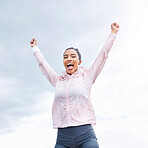 Happy woman, fitness success and achievement, freedom and motivation of goals, hope and wellness on sky background. Smile sports female arms up for celebration, winner pride and inspiration outdoors 
