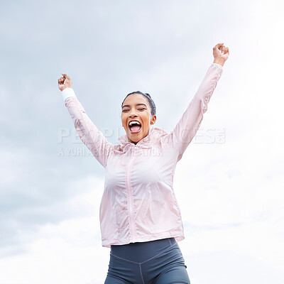 Buy stock photo Happy woman, fitness success and achievement, freedom and motivation of goals, hope and wellness on sky background. Smile sports female arms up for celebration, winner pride and inspiration outdoors 