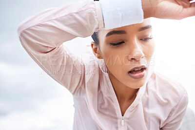 Buy stock photo Fitness, tired and woman sweating in break after running exercise, training and workout in the outdoors. Exhausted female sports runner in relax, recovery and breath in healthy cardio exercising