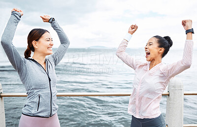 Buy stock photo Fitness, celebration and excited girl friends cheer over exercise achievement, marathon training or cardio workout success. Running motivation, winner mindset and women with high energy celebrate