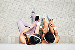 Smartphone, headphones and fitness friends listening to music, exercise podcast and health app for outdoor motivation. Relax sports people using phone for social media workout tips or blog app mockup