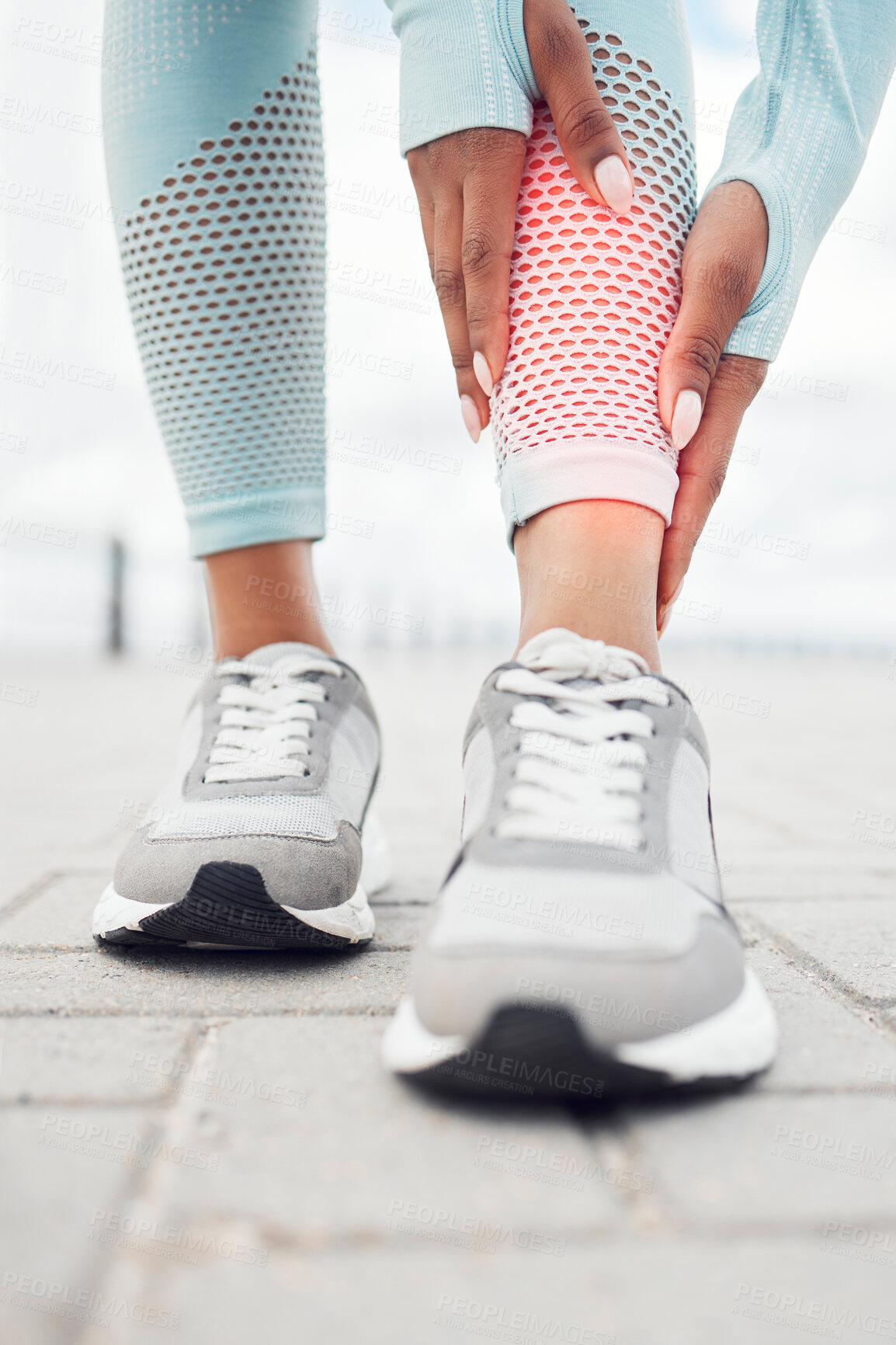 Buy stock photo Fitness, injury and woman with shin pain during cardio exercise, training or outdoor workout. Closeup of an athlete with a sports accident, muscle sprain or medical emergency while running outside. 