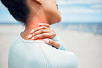 Fitness, sports and injury, woman with neck pain on outdoor workout closeup. Workout pain, girl with hand on neck and swollen red shoulder muscle for massage, physical therapy or medical attention.
