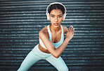 Fitness portrait of black woman with music headphones for exercise, sports training or body workout motivation. Cardio running, wellness health or runner girl listening to radio song or audio podcast