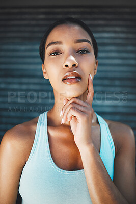 Buy stock photo Black woman, beauty make up and fitness healthcare or wellness motivation. Portrait of young African beautiful female, confident face and health athlete active lifestyle against background in city
