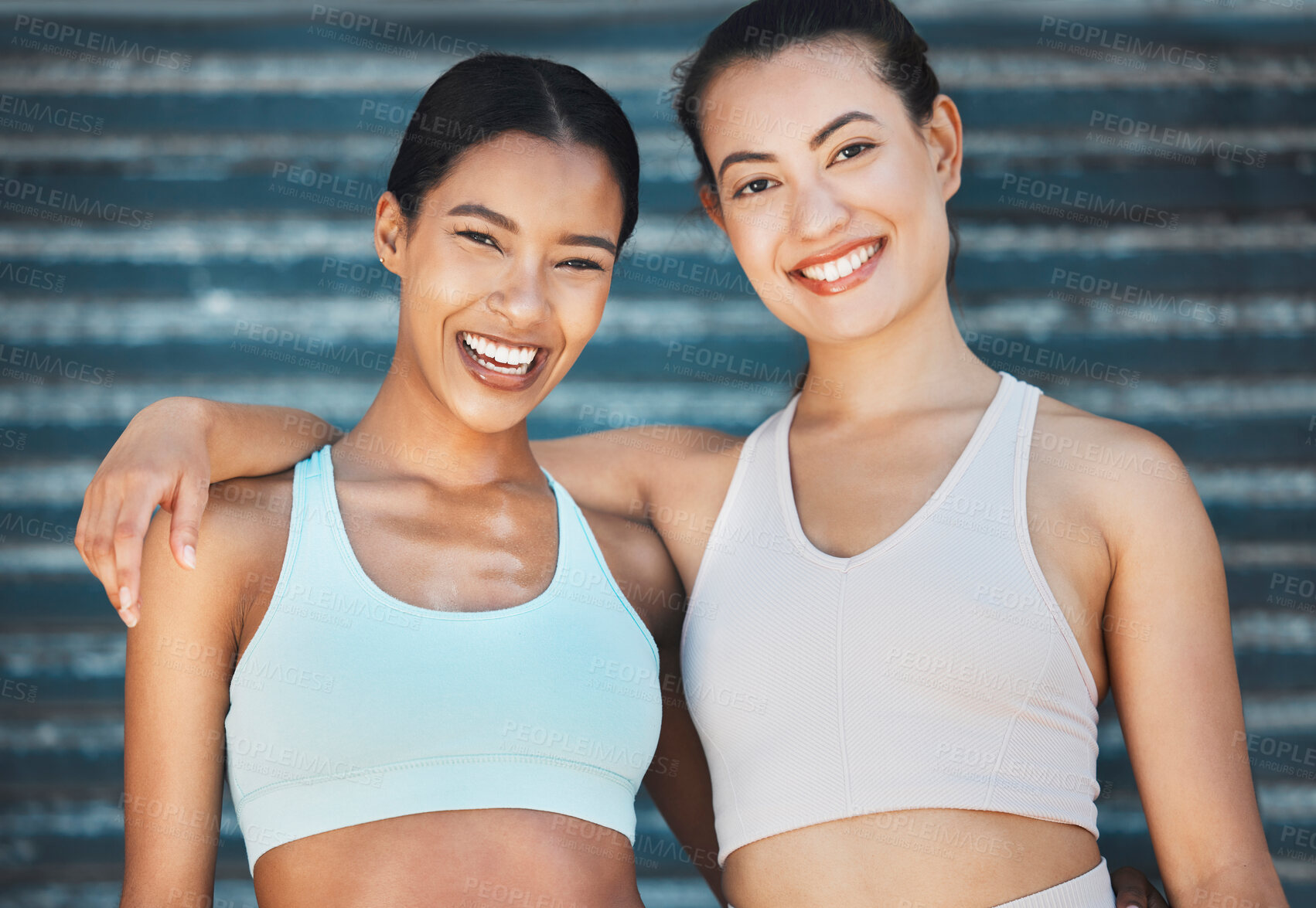 Buy stock photo Fitness, friends and sport women relax after yoga exercise in at gym, happy, smile and bonding. Wellness, health and training by portrait of pilates trainer embrace friend in zen hug after workout