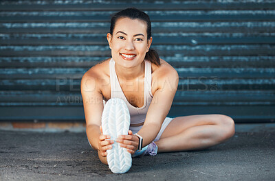 Buy stock photo Fitness, woman and stretching with smile on street for warm up exercise, workout and health in the outdoors. Active female in leg stretch for healthy sports training or practice for cardio routine