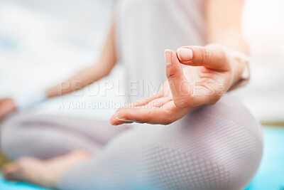 Buy stock photo Woman, hands and meditation in relax for yoga, zen and spiritual wellness for mind and body in the outdoors. Hand of female meditating, relaxing and calm exercise for mental health and wellbeing