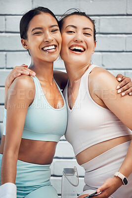 Buy stock photo Healthy, exercise and friends smile after a workout or yoga training outdoor. Portrait of happy women smile, hug and laugh with cardio and fitness, excited and active at health and wellness club