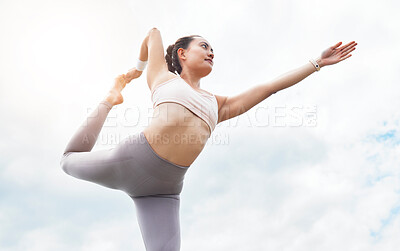Buy stock photo Yoga, fitness and peace with woman against blue sky for health, workout and training. Exercise, pilates and sports with strong girl athlete balance in outdoor for zen, wellness and freedom in summer