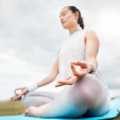 Buy stock photo Yoga, woman and lotus meditation in nature for health, mindfulness or wellness. Training, pilates and female in Canada meditating, stretching or relax outdoors for peace, zen or spiritual energy.
