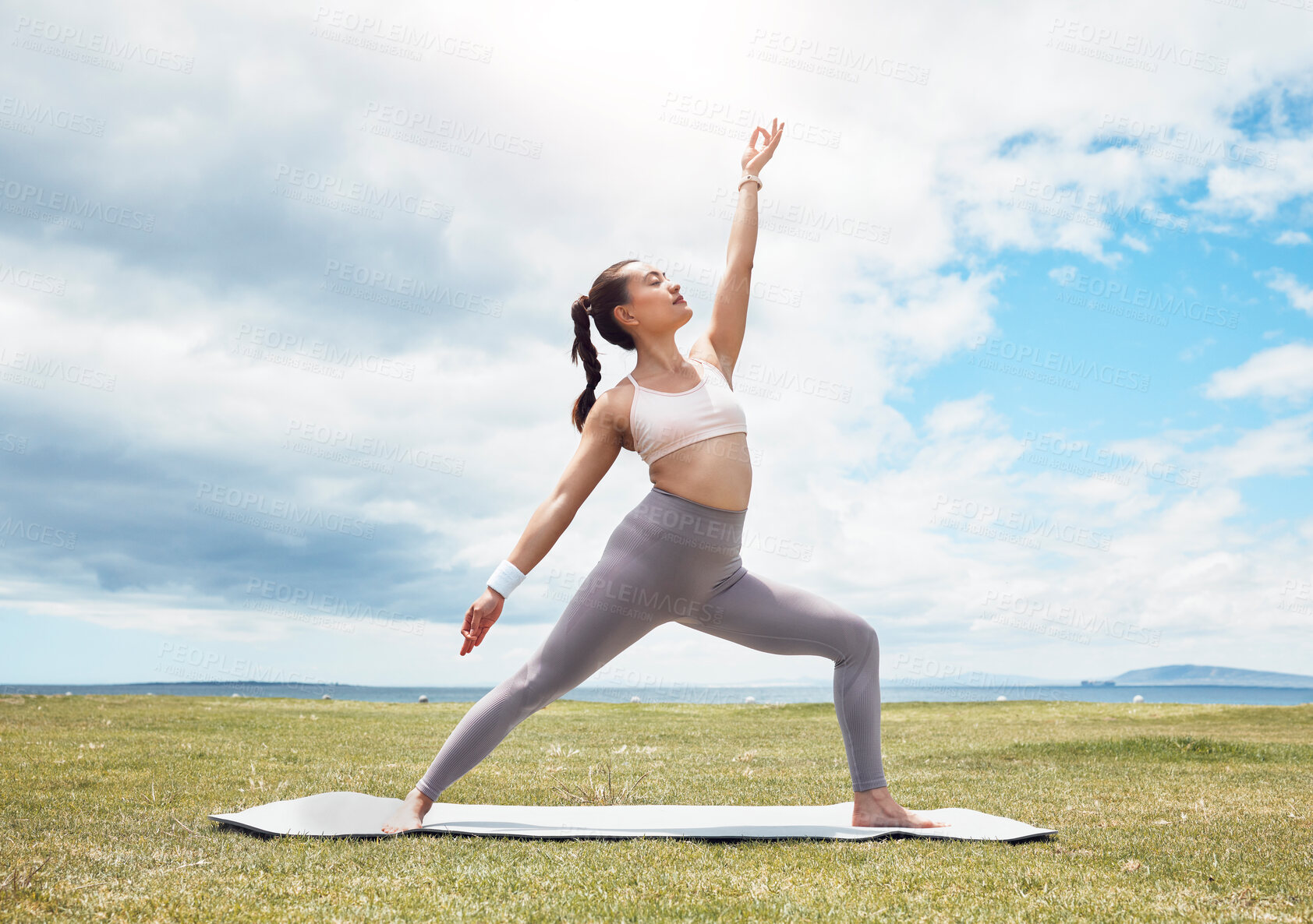 Buy stock photo Yoga, stretching or zen woman in garden, nature environment or sustainability landscape in relax fitness or workout training. Calm, peace or pilates yogi in park, chakra balance or wellness exercise