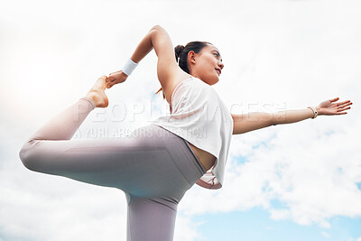 Buy stock photo Yoga exercise woman and bow balance, stretching and outdoor fitness, wellness and mindfulness on cloud blue sky background. Below of healthy pilates training, strong body focus and zen mindset energy