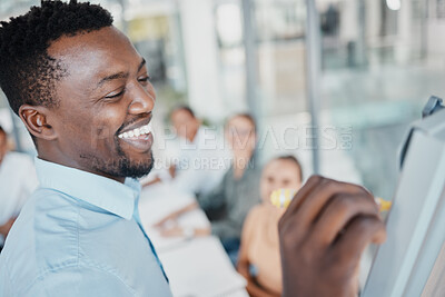 Buy stock photo Black business man, coaching or diversity for teamwork, presentation or training meeting in office with smile. Happy, leadership or mentor coaching team in workshop, seminar or planning SEO strategy 