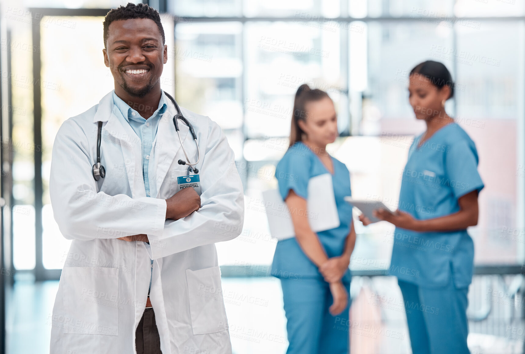 Buy stock photo Black man, portrait doctor and healthcare leader hospital, clinic and professional medical office, trust and quality service. Happy african medicine worker, expert surgeon and arms crossed in surgery