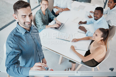 Buy stock photo Leadership, diversity and presentation team training, business coach with startup workers writing on white board. Coaching in office, men and women sharing vision, idea and planning business strategy