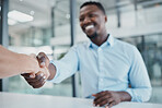 Business people shaking hands with black man for deal, thank you and teamwork success in startup agency. Partnership handshake, meeting collaboration or contract celebration for promotion opportunity