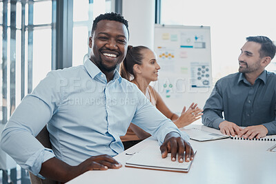 Buy stock photo Black man, finance meeting and business people in office for collaboration, planning planning and development. Leadership, chart and team discussing growth, profit and  innovation with men and women