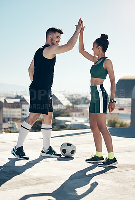Buy stock photo High five, happy and football friends for celebration, winner and partnership with success, goal and support in a city. Soccer, team and happy football people with ball, motivation or fitness outdoor