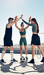 High five, fitness and soccer, team together and motivation for sports training and exercise workout. Young people, sport and active lifestyle, celebrate win and success, diversity and teamwork.