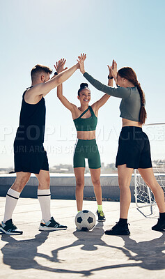 Buy stock photo High five, fitness and soccer team together and motivation for sports training and exercise workout. Young people, sport and active lifestyle, celebrate win and success, diversity and teamwork.
