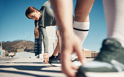 Buy stock photo Zoom of hands, woman stretching legs or runner shoes with friends for running exercise, fitness or marathon workout. Health, training or wellness athlete girl for sport, warm up or rooftop cardio.