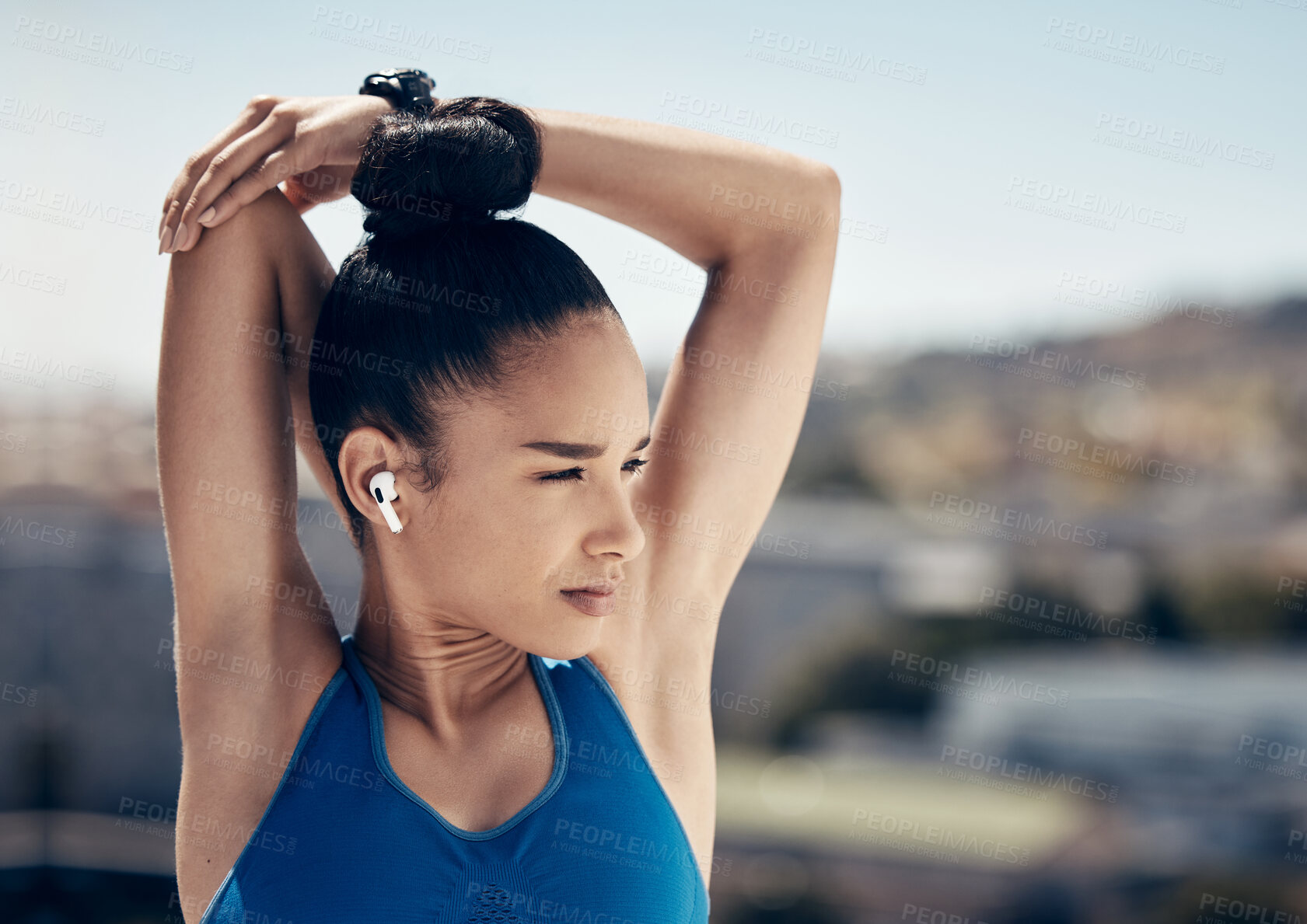 Buy stock photo Fitness, woman and stretching arms for sports exercise, workout and training in the city outdoors. Active female in sport stretch for health, wellness and motivation for physical activity outside