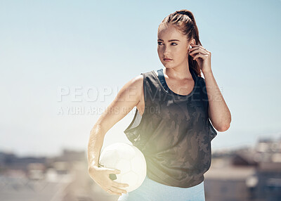 Buy stock photo Woman, soccer ball or thinking of fitness goals, training match target or Canada city workout game. Football player, sports athlete or exercise coach listening to health radio music or winner podcast