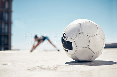 Buy stock photo Soccer ball, sport and fitness, training and exercise, sports workout and athlete stretching, prepare for football outdoor in urban town. Soccer, healthy and active lifestyle, cardio and endurance.
