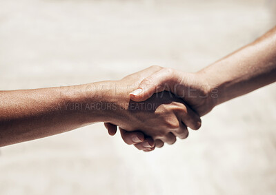 Buy stock photo Handshake, agreement or thank you with people welcome, deal or collaboration in teamwork outdoor. Friends or person shake hands together with respect, agree and friendship with zoom in hands in town
