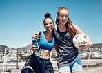 Soccer, fitness and friends with smile for game in the city of Brazil together during summer. Happy, comic and young women training with hug, collaboration and motivation with a football for sport