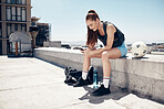 Sports, soccer and woman with phone relax after rooftop game, competition or training practice. Football exercise, workout and athlete with smartphone laugh at fitness meme or streaming comedy video
