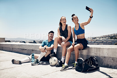 Buy stock photo Selfie, fitness and soccer people friends with smartphone for social network update or outdoor wellness post on blue sky mock up. Young accountability sports or sports team with cellphone portrait