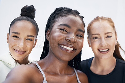 Buy stock photo Friends, selfie and fitness women relax after training, sports and exercise against a white background. Diversity, face and lady portrait after workout session, happy, cheerful and smiling for photo