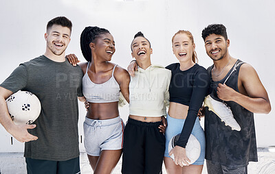 Buy stock photo Fitness, soccer friends and diversity, a group of happy young people before a ball game. Smile, motivation and support, men and women with soccer ball ready for fun training exercise in the city.