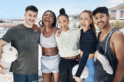Buy stock photo Soccer team, sports diversity or fitness friends on city building rooftop in training game, exercise match or workout. Portrait, happy smile or football players, men or women and teamwork soccer ball