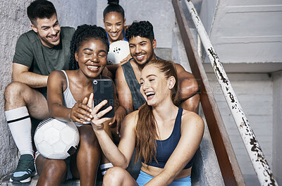 Buy stock photo Soccer team, diversity or people on phone selfie, funny social media meme or internet joke after training, workout or exercise. Smile, happy and laughing sports friends or football players on mobile
