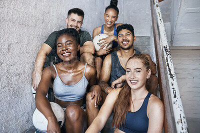 Buy stock photo Fitness, sports and group of friends sitting on stairs with a smile, positive mindset and happiness after fitness training or soccer match. Diversity with men and women athletes in London health club