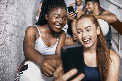 Buy stock photo Selfie, friends and sports group on stairs after fitness workout training together. Smile, diversity happy men and women sport athletes positive bonding on social media video on smartphone app
