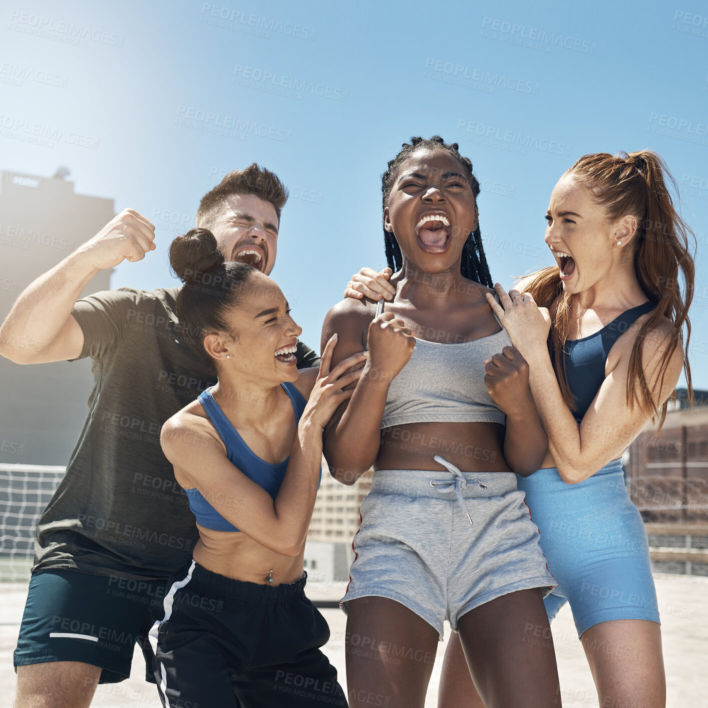 Buy stock photo Fitness, happy and friends in workout celebration in the city on a rooftop with achievement. Diversity, happiness and people celebrating sports victory for success, motivation and outdoor exercise.