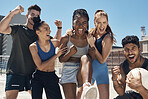 Soccer, success or winner teamwork in fitness workout celebration, training game or friends workout match. Portrait, football players or screaming sports people in motivation, energy or exercise goal