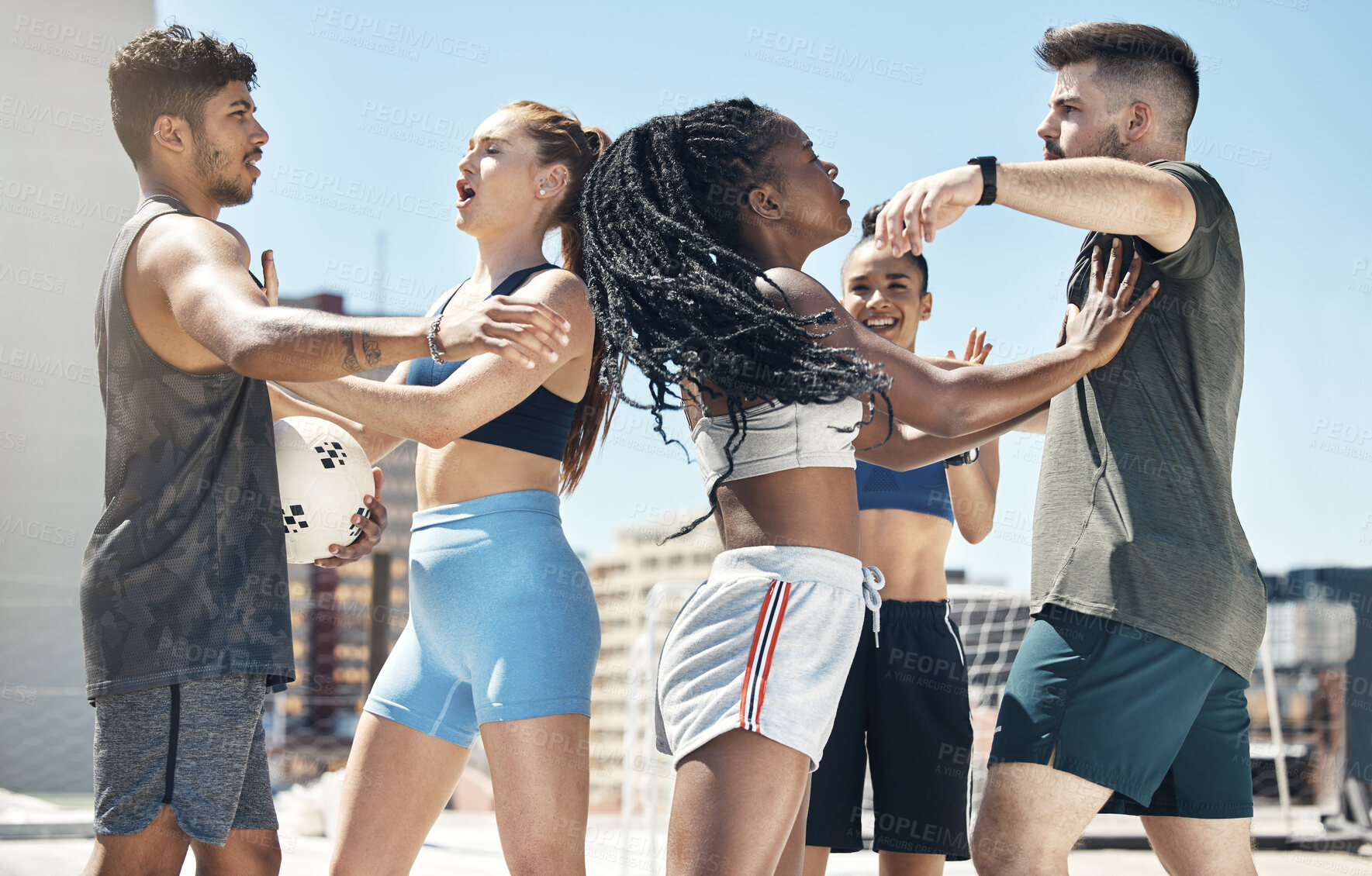 Buy stock photo Soccer, sport and fight with a woman player pushing a man athlete during a game or match outdoor on a rooftop. Football, fitness and competition with a team fighting during a sport rivalry