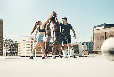 Buy stock photo Teamwork, football and high five with people and sports training for goals, success and winner after exercise. Health, wellness and soccer player celebration with friends in fitness support together