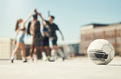 Buy stock photo Soccer sports, team building and high five between friends on rooftop in city. Diversity, fitness men and healthy women celebrating lifestyle wellness training or support motivation together in town